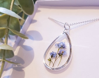 Delicate Forget-me-not Silver Pendant Teardrop handmade with real pressed flowers