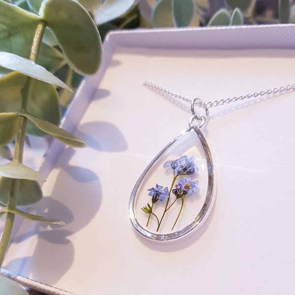 Delicate Forget-me-not Silver Pendant Teardrop handmade with real pressed flowers