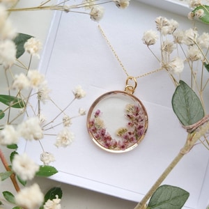 Unique Heather & Gypsophila Gold Pendant Round handmade with real pressed flowers image 4