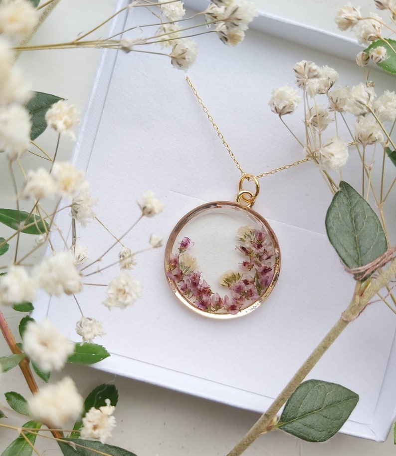 Unique Heather & Gypsophila Gold Pendant Round handmade with real pressed flowers image 4