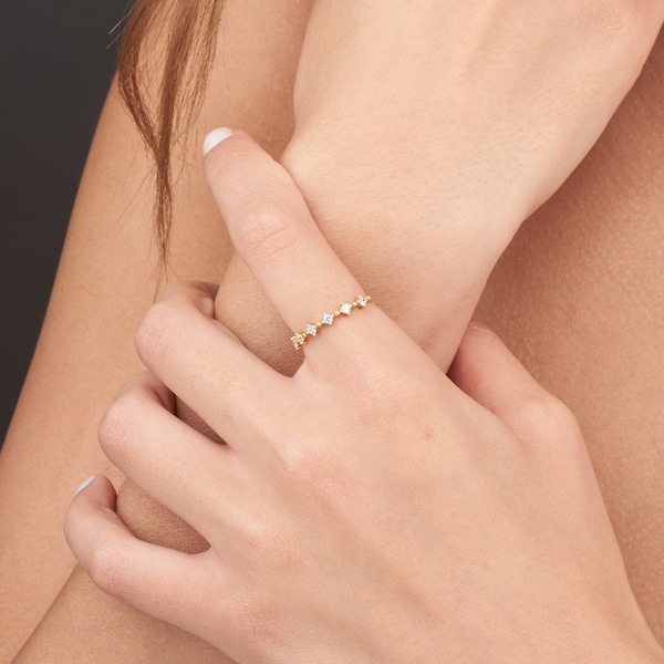 Dainty Diamond Stackable Ring • Gift for Her • Spaced Diamond Band  • Delicate 14K Gold Ring • Christmas Gift