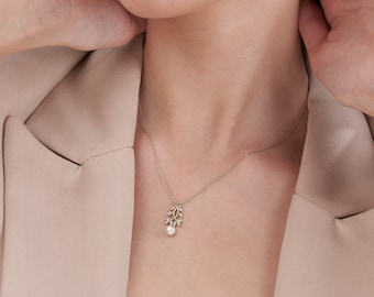 Cute Pearl Necklace • Pearl Necklace With Diamond Leaves • Birthday Gift • Boujee Pendant Necklace for Her