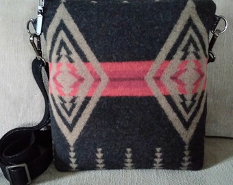 Dark grey, red and tan crossbody bag made with genuine Pendleton wool.