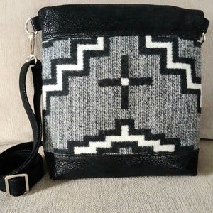 Black, white, and grey crossbody bag made with genuine Pendleton wool.