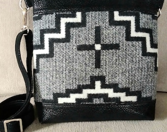 Black, white, and grey crossbody bag made with genuine Pendleton wool.