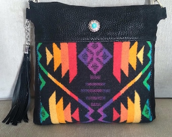 Multicolor and Black Crossbody bag made with genuine Pendleton  wool in their Coyote Butte Bright  pattern.