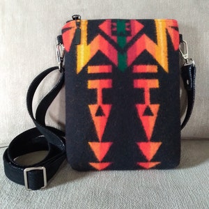 Black, Orange and Red Crossbody bag made with genuine Pendleton wool.