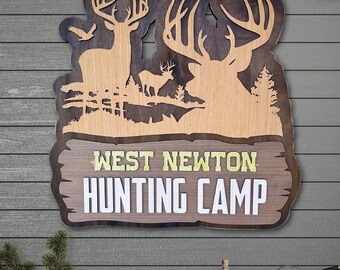 Personalized Rustic Deer Sign | Whitetail buck Scene in Tall Pines | Custom Wood Sign | 3D Family Name Sign | Cabin Decor | Custom Camp Sign