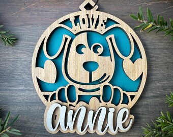 Personalized I Love Dogs Wood Ornament with Name, Unique Holiday Gifts, Laser Cut Ornament with Name. 2 Sizes. Free Shipping