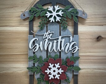 Personalized Rustic Wood Sled Christmas Family Gift, Wall Decor, Winter Front Door Sign, Fireplace Mantle Decoration, Available in 2 sizes