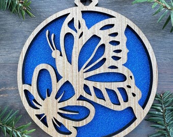 Butterfly on Flower Wood Ornament, Butterfly gift, Unique Holiday Gifts, Laser Cut Ornament. 2 Sizes, 7 Colors, Free Shipping
