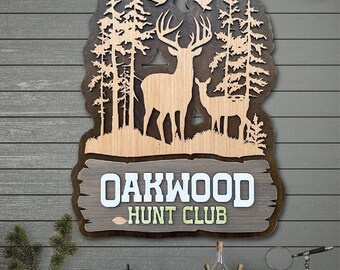 Personalized Rustic Deer Sign | Whitetail Buck and Doe Scene | Tall Pines | Custom Wood Sign | 3D Family Name Sign | Cabin Decor | Camp Sign