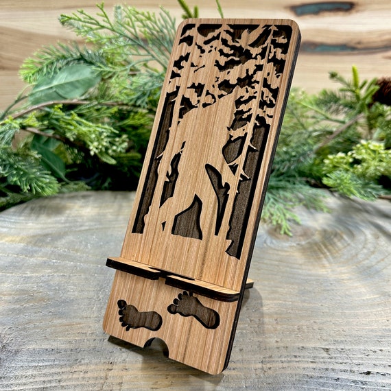 Laser Cut Wood Phone Stand and Decor - Bigfoot in Forest