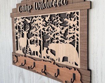 Personalized Rustic Wood Key Holder, New Home Housewarming Gift, Wildlife Themed with Whitetail Deer and Bear. For homes, camps, RVs, Etc.