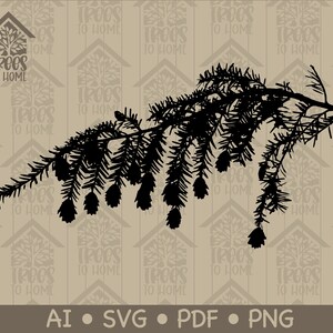 May include: Black silhouette of a pine tree branch with needles and cones. The branch is isolated against a light brown background.