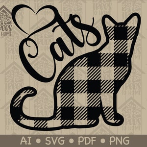 May include: Black and white checkered cat silhouette with the word "Cats" in a stylized font. The image has a heart shape above the word "Cats".