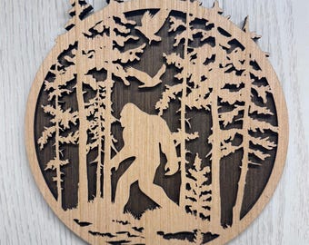 Bigfoot Wood Wall Art | Sasquatch Forest Scene | Rustic Cabin Decor | Laser Cut Wooden Wall Hanging | Gift for Him | Woodland Home Decor