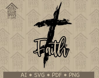 May include: Black and white graphic design of a cross with the word "Faith" written in a stylized font. The cross is painted with a brush stroke effect.