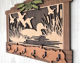 Rustic Wood Key Holder, New Home Housewarming Gift, Mallard Duck Themed with Cattails. For homes, camps, RVs, Etc.