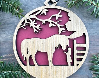Horse with Girl Wood Ornament, Great Gift for Horse Lover, Unique Holiday Gifts, Laser Cut Ornament. 2 Sizes, 7 Colors, Free Shipping