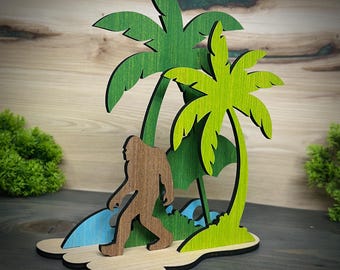 Tropical Bigfoot Wood Decor | Sasquatch Island Shelf Sitter | Beach Cabin Woodland Art | Beach Birthday Decoration | Bigfoot Cake Topper