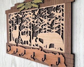 Rustic Wood Key Holder, New Home Housewarming Gift, Wildlife Themed with Whitetail Deer and Bear. For homes, camps, RVs, Etc.