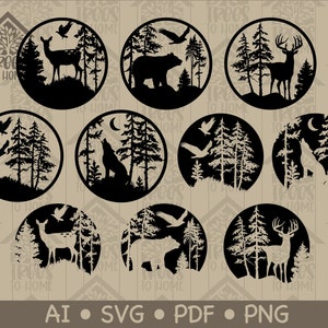 May include: Set of ten black and white circular designs featuring various woodland animals, including deer, bears, wolves, and birds. Each design is set against a background of pine trees.