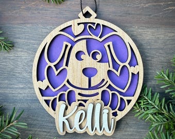 Personalized Puppy Dog with Hearts Wood Ornament with Name, Unique Holiday Gifts, Laser Cut Ornament with Name. 2 Sizes. Free Shipping