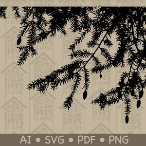 Pine Branch with cones Silhouette | Forest Pine Tree silhouette | Pine Tree Border | Silhouette | Pine Cone Silhouette Vector AI Png Pdf Svg