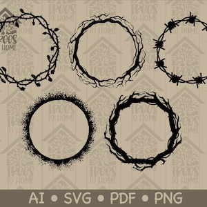 May include: Four black silhouette wreath designs. The wreaths are made of branches, barbed wire, and a dotted pattern. The wreaths are all the same size and shape.