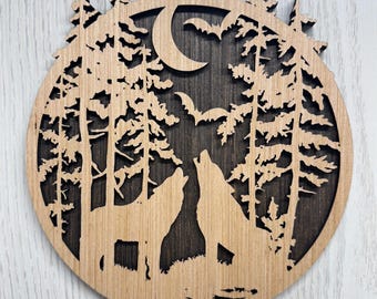 Layered Wolf Wood Ornament – Howling Wolves Forest Wall Art – 8 Inch Rustic Cabin Decor – Laser Cut Woodland Moon Scene – Wildlife Gift