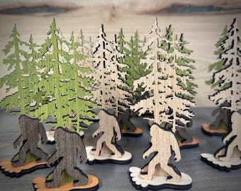Bigfoot Wood Decor | Sasquatch Forest Shelf Sitter | Rustic Cabin Woodland Decoration | Tabletop Laser Cut Mini Bigfoot Scene - Party Favors
