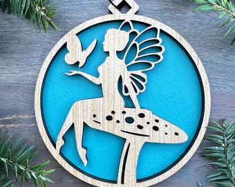 Fairy on Mushroom and Butterfly Wood Ornament, Unique Holiday Gifts, Laser Cut Ornament. 2 Sizes, 7 Colors, Free Shipping