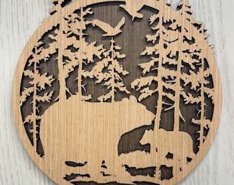 Bear Wood Wall Art | Rustic Cabin Decor | Laser Cut Forest Wildlife Scene | Lodge Wall Hanging | Woodland Home Decor | Gift for Hunter