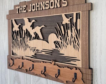 Personalized Rustic Wood Key Holder, New Home Housewarming Gift, Mallard Duck Themed with Tall Pine Forest. For homes, camps, RVs, Etc.