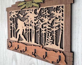 Rustic Wood Key Holder, New Home Housewarming Gift, Bigfoot Themed with with Tall Pine Forest. For homes, camps, RVs, Etc.