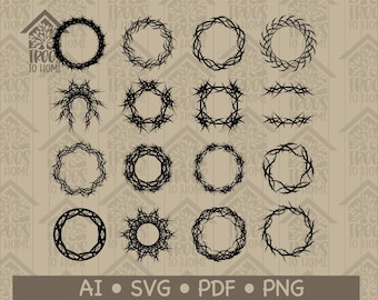 Geometryczne ciernie i winorośl okrąg obramowania projektu | Korona cierniowa | Wiara | Celtycki | SVG, Ai, PNG, PDF