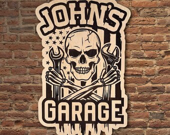 Custom Personalized Skull and Wrench Car Garage Sign, Personalized Car Workshop Sign, Car Garage Decor and Gift, Wood Garage Sign