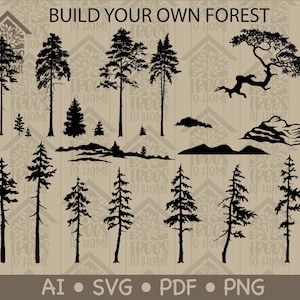 Silhouette di pino alto / Scena della foresta / Giovani pini / Crea il tuo design, Arte di pini alti, Silhouette, Arte di pino alto, Arte Bonsai