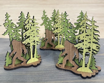 Handmade Wooden Bigfoot Forest Decor | Sasquatch Wildlife Scene | Rustic Cabin Shelf Art | Laser Cut Wood Gift | Party Favor | Wedding Favor