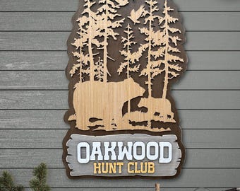Personalized Rustic Bear Interior Sign, Bear Scene in Tall Pines. Custom Wood Sign, Man Cave Wooden Sign, Bear Lover Gift, Custom Camp Sign