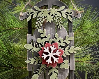 Rustic Vintage Christmas Sled and Snowflake Ornament, Vintage Sled, Sled and Snowflake Ornament, Rustic Sled Gift for Family
