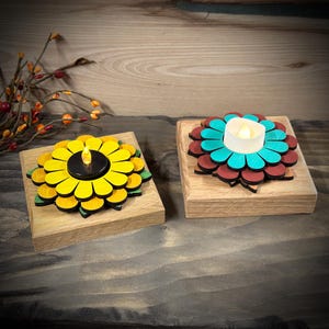 Rustic Flower Themed Wood Candle holder - Unique Nature Inspired Gift - Flower Gift - Wedding Table Topper