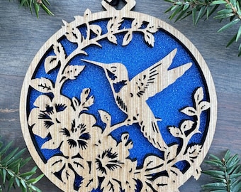 Hummingbird with Flowers Wood Ornament, Hummingbird Lover, Unique Holiday Gifts, Laser Cut Ornament. 2 Sizes, 7 Colors, Free Shipping