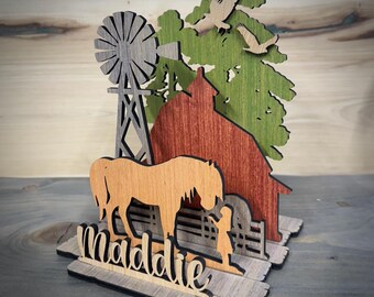 Personalized Farm Name Sign, Rustic Farmhouse Wood Decor, Horse Lover Farm Scene, Laser Cut Country Home Table Decor