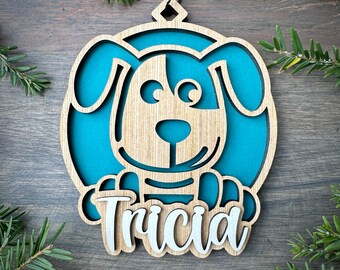 Personalized Puppy Dog Wood Ornament with Name, Unique Holiday Gifts, Laser Cut Ornament with Name. 2 Sizes. Free Shipping. 7 colors