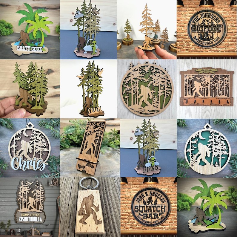 Laser Cut Wood Phone Stand and Decor - Bigfoot in Forest zdjęcie 6