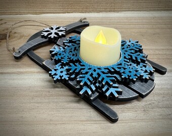 Rustic Vintage Christmas Sled Candle Holder with Realistic LED Candle, Vintage Sled, Sled and Snowflake Candle Holder, Rustic Sled Gift