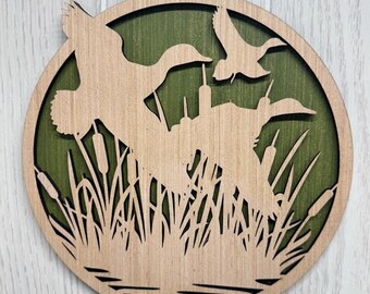 Layered Duck Wood Wall Decor – Rustic Waterfowl Wall Art – Wooden Hunting Decor – Laser Cut Marsh Scene – Duck Hunter Gift - Wildlife Art