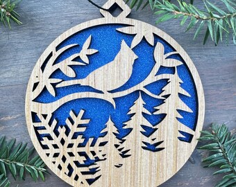 Cardinal Winter Scene Wood Ornament, Great Cardinal Gift, Unique Holiday Gifts, Laser Cut Ornament. 2 Sizes, 7 Colors, Free Shipping